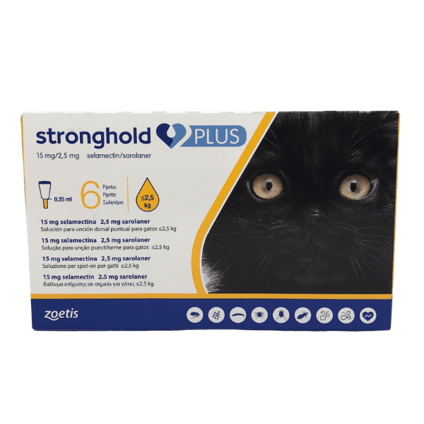 imagen de la caja de seis pipetas stronghold plus gatos de menos de 2,5 kg